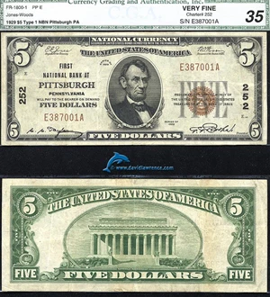 image for: Fr.1800-1 1929 $5 Type 1 CGA VF 35 #252. Pittsburgh, PA.