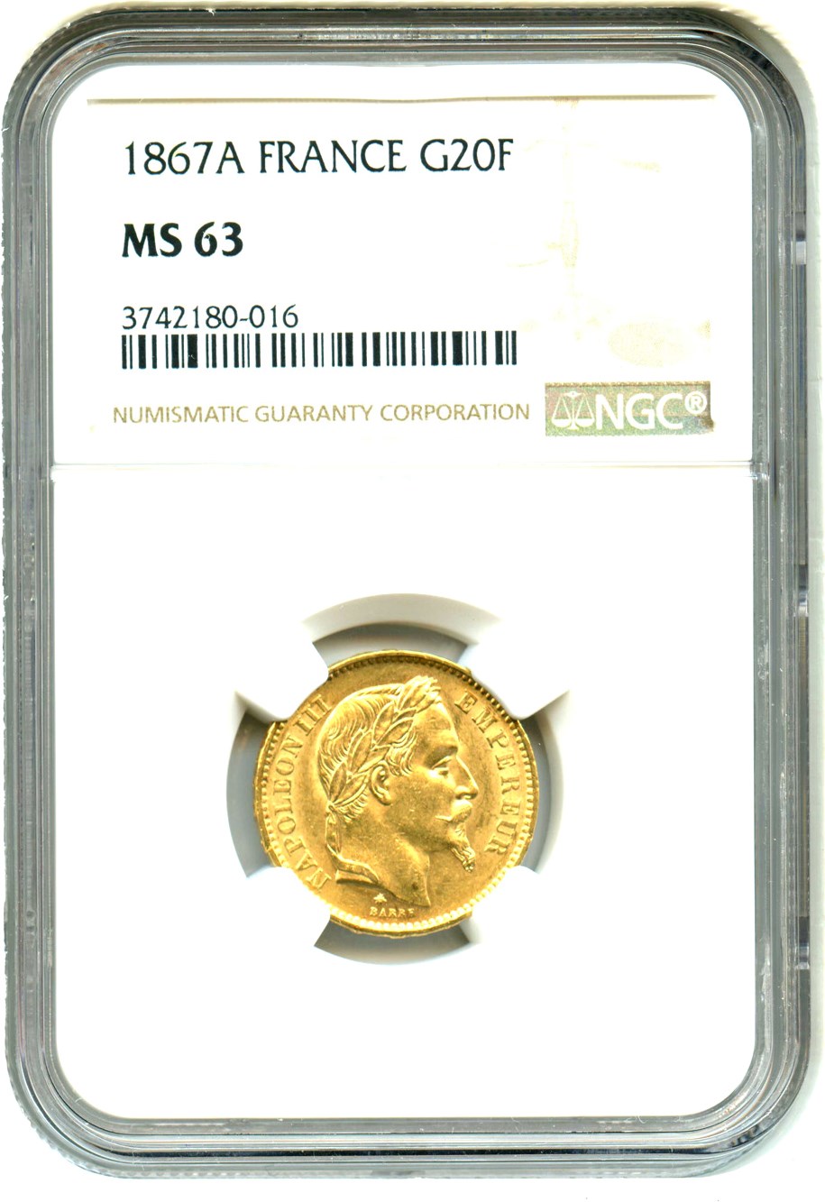 image for: France: 1867-A 20 Fr NGC MS63 (KM-801.1)