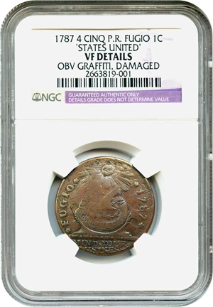 image for: 1787 Fugio NGC VF Details (Cinquefoils, STATES UNITED, Obv Graffiti, Damaged)
