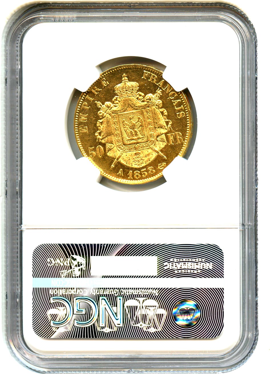 image for: France: 1858-A 50 Francs NGC MS62 (KM-785.1)
