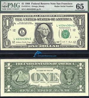 image for: Fr.1914-L 1988 $1 PMG Gem CU 65 *Serial L40344304E -- Radar Note*