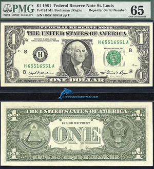 image for: Fr.1911-H 1981 $1 PMG Gem CU 65 *Serial H65516551A*