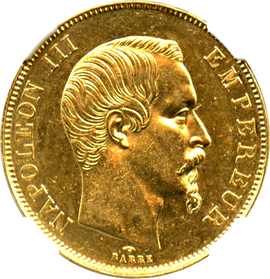 image for: France: 1858-A 50 Francs NGC MS62 (KM-785.1)