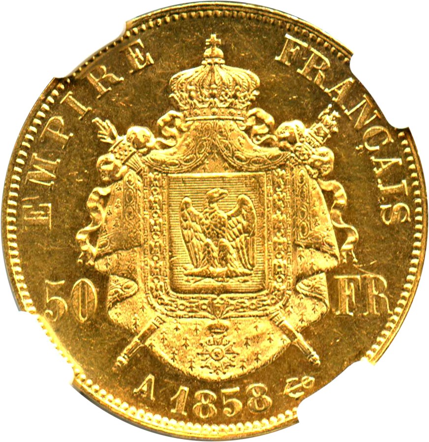 image for: France: 1858-A 50 Francs NGC MS62 (KM-785.1)