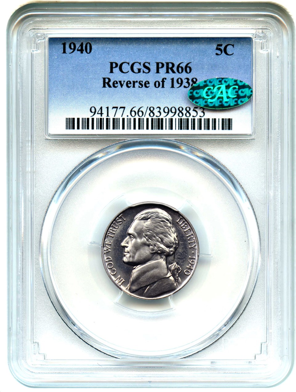 image for: 1940 5c PCGS/CAC Proof 66 (Reverse of 1938)