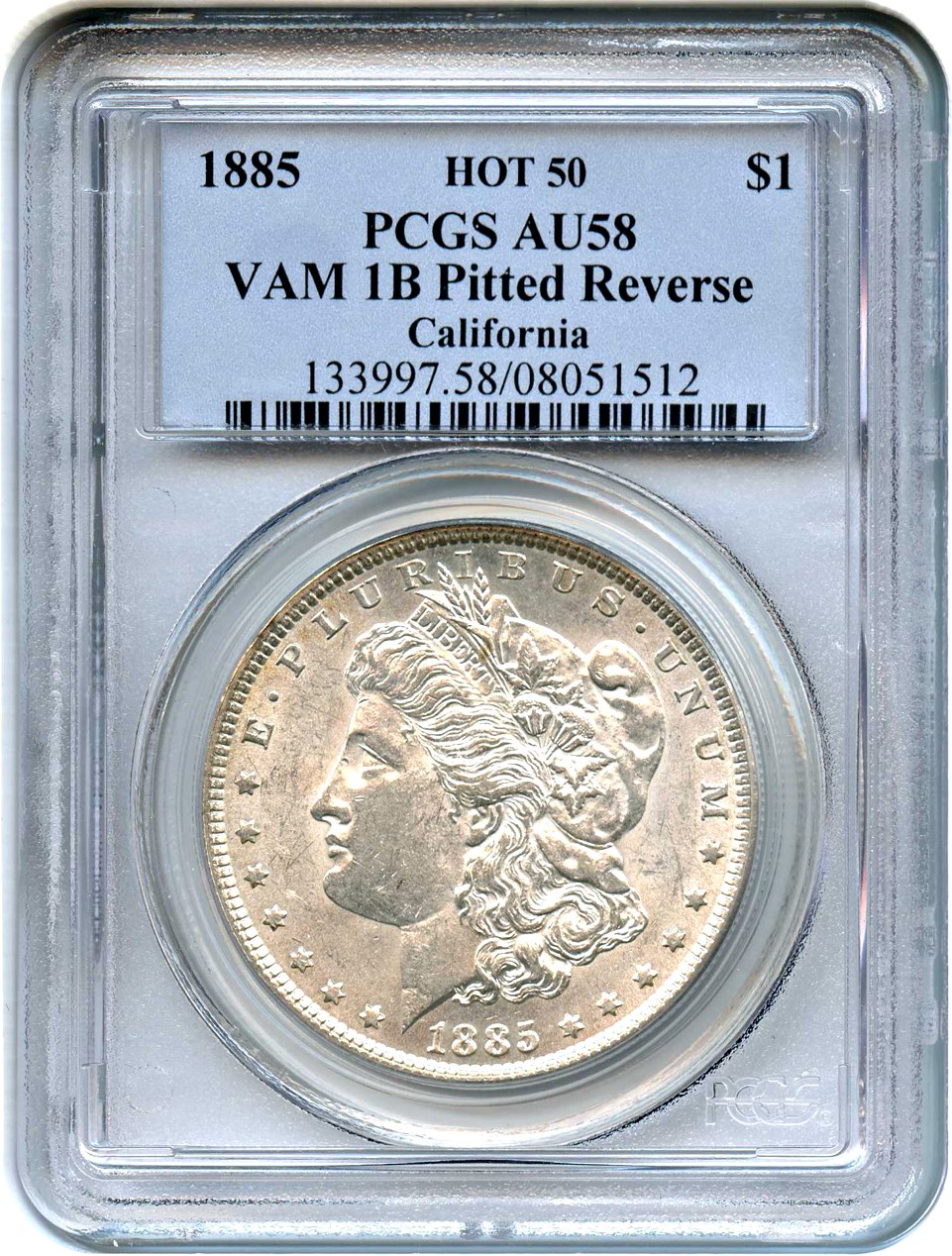 image for: 1885 $1 PCGS AU58 (VAM-1B, Pitted Reverse)