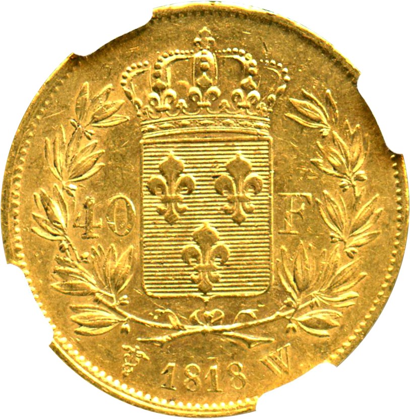 image for: France: 1818-W 40 Francs NGC MS61 (KM-713.6)