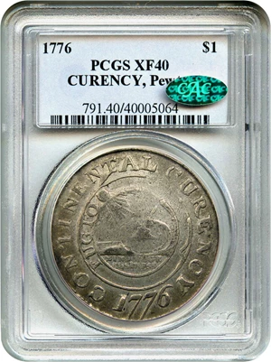 image for: 1776 Continental Dollar $1 PCGS/CAC XF40 (CURENCY, Pewter)