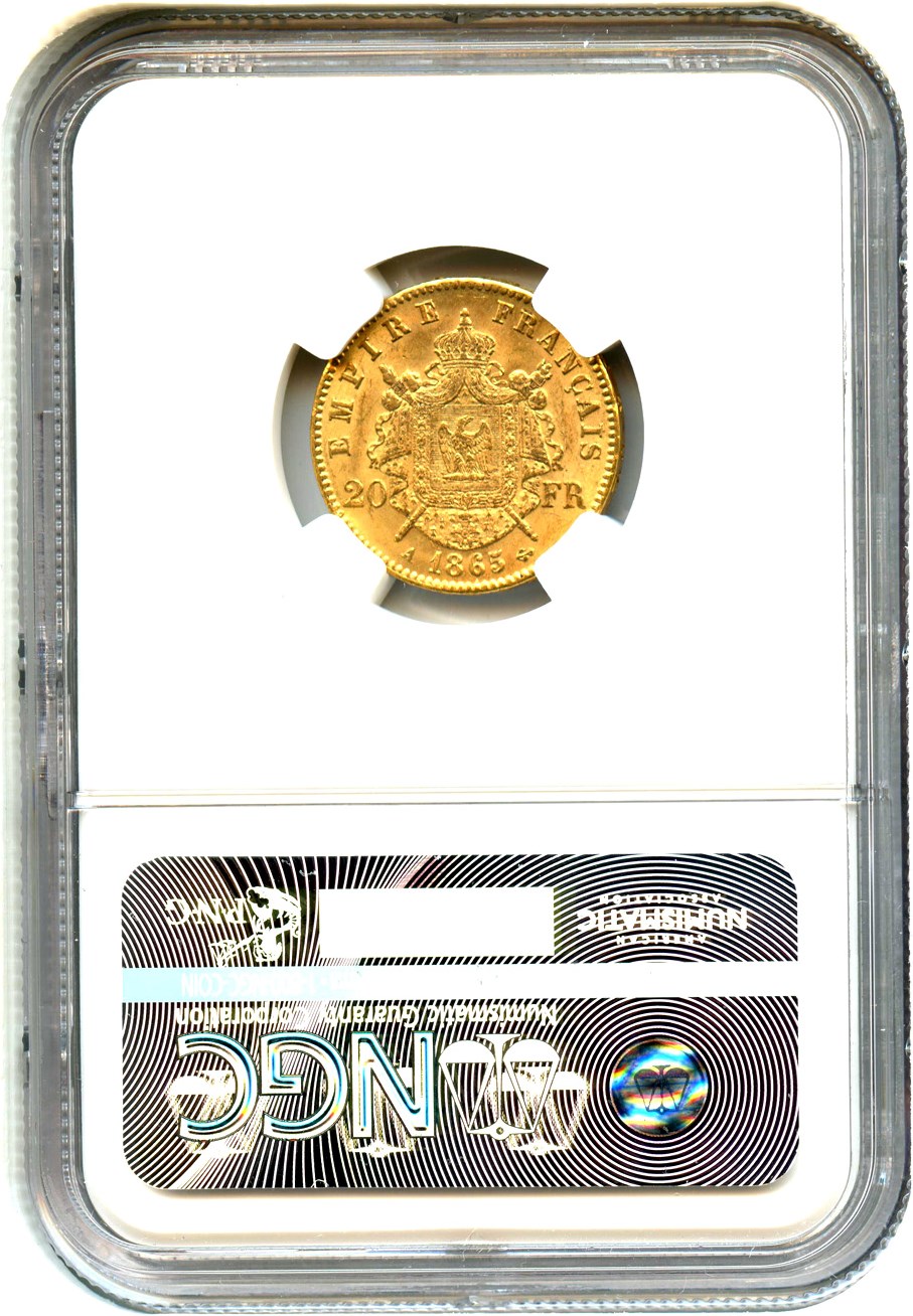 image for: France: 1865-A 20 Fr NGC MS63 (KM-801.1)