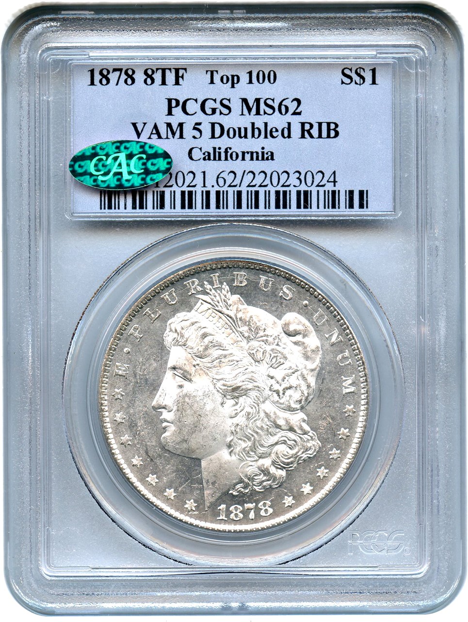 image for: 1878 8TF $1 PCGS/CAC MS62 (VAM-5, Doubled RIB)