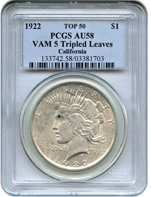 image for: 1922 $1 PCGS AU58 (VAM-5, Tripled Leaves)