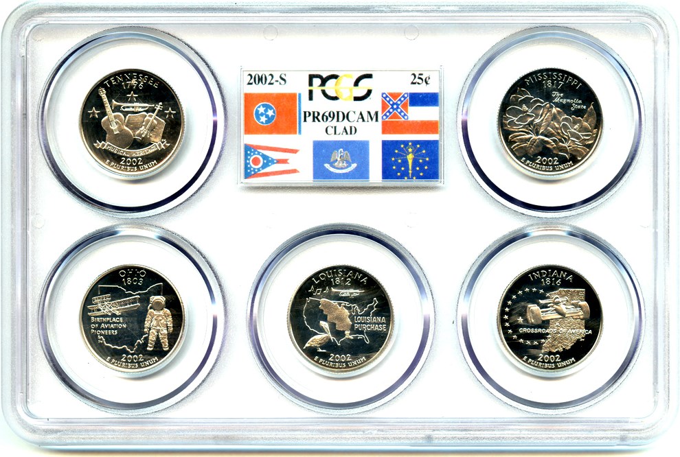 image for: 2002-S Statehood Quarter Proof Set 25c PCGS Proof 69 DCAM (Clad, 5 Coins)