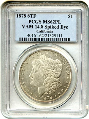 image for: 1878 8TF $1 PCGS MS62 PL (VAM-14.8, Spiked Eye)
