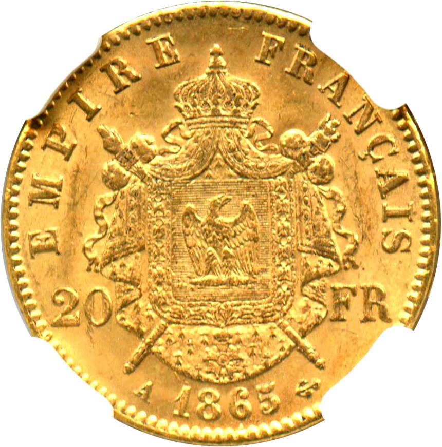 image for: France: 1865-A 20 Fr NGC MS63 (KM-801.1)