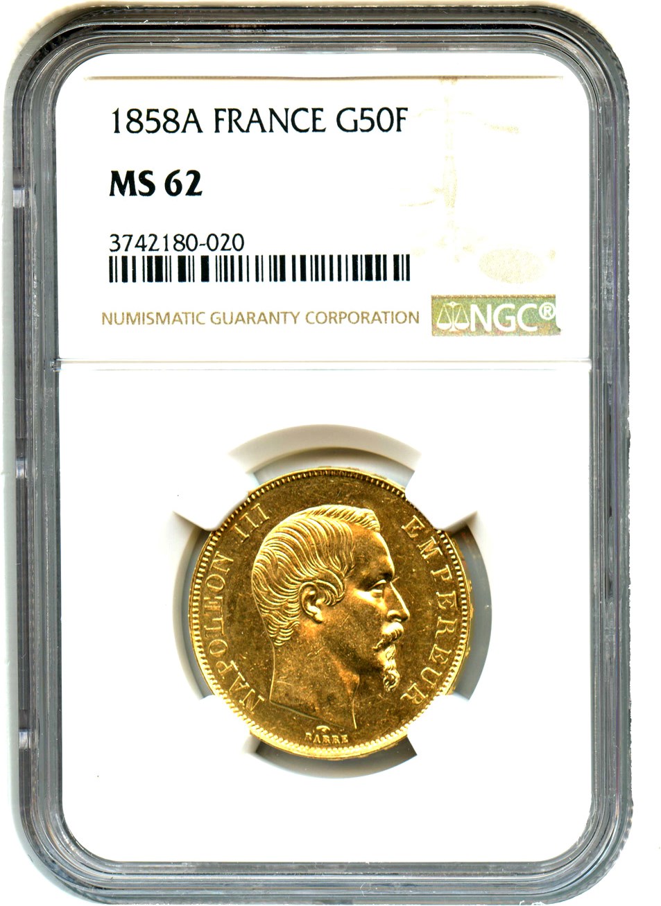 image for: France: 1858-A 50 Francs NGC MS62 (KM-785.1)