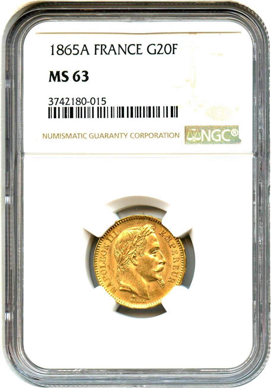 image for: France: 1865-A 20 Fr NGC MS63 (KM-801.1)