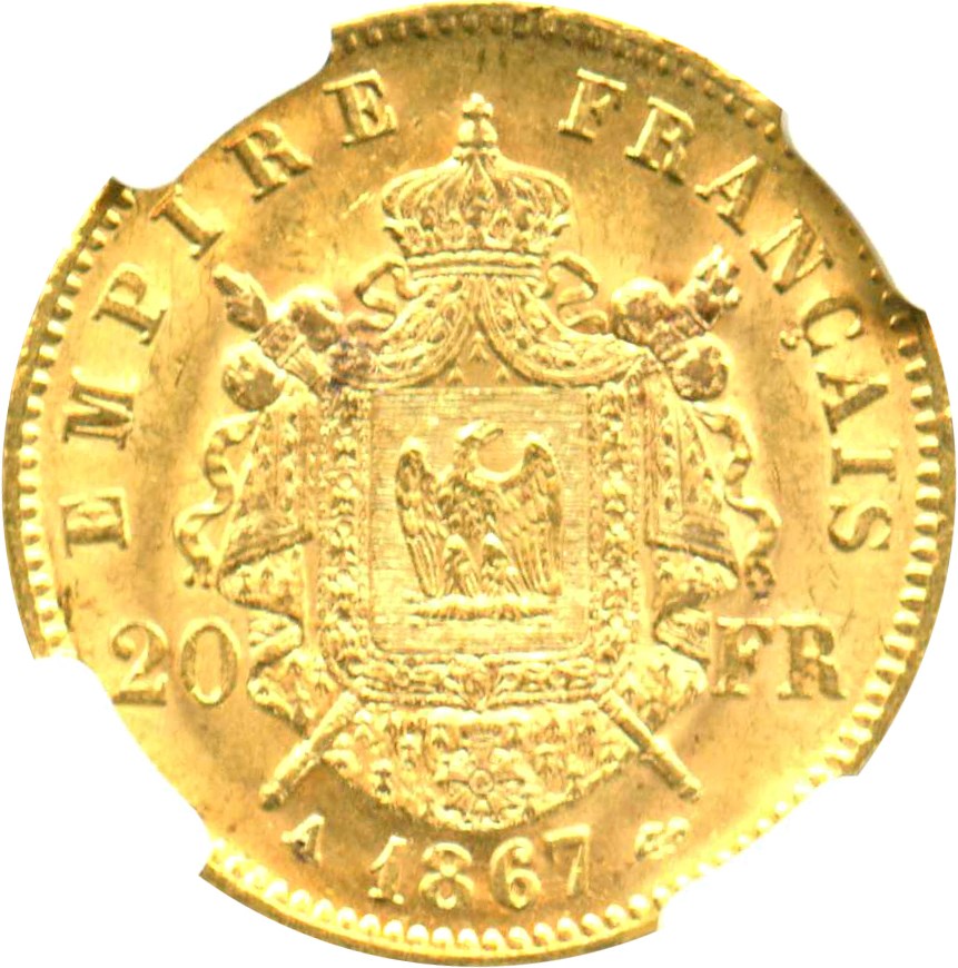 image for: France: 1867-A 20 Fr NGC MS63 (KM-801.1)