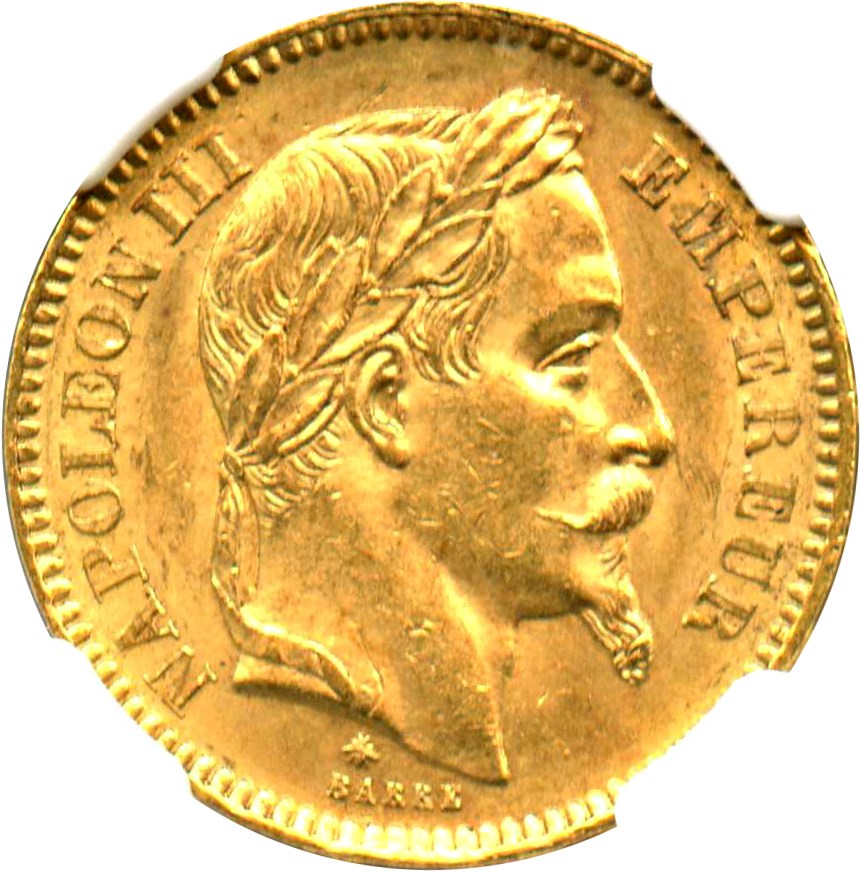 image for: France: 1865-A 20 Fr NGC MS63 (KM-801.1)