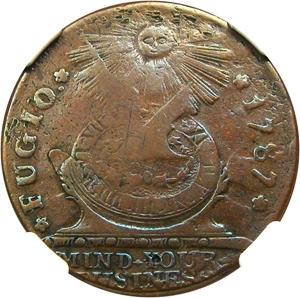 image for: 1787 Fugio NGC VF Details (Cinquefoils, STATES UNITED, Obv Graffiti, Damaged)
