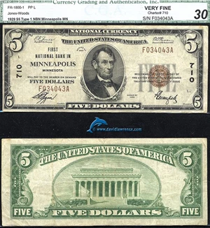image for: Fr.1800-1 1929 $5 Type 1 CGA VF30 #710. Minneapolis, MN.