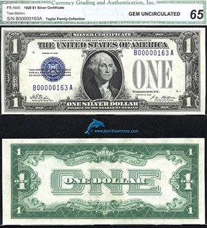 image for: Fr.1600 1928 $ 1 CGA Gem CU 65 *Serial B00000163A*