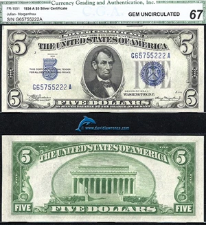 image for: Fr.1651 1934-A $ 5 CGA Gem CU 67