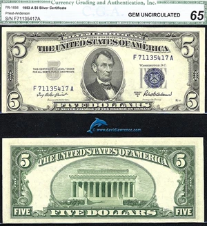 image for: Fr.1656 1953-A $ 5 CGA Gem CU 65