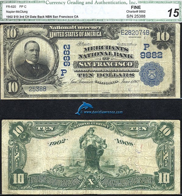 image for: Fr.620 1902 $10 3rd Charter, Date Back CGA F15 #9882. San Francisco, CA.