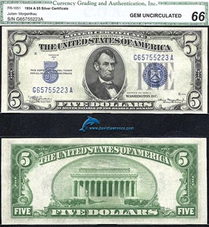 image for: Fr.1651 1934-A $ 5 CGA Gem CU 66