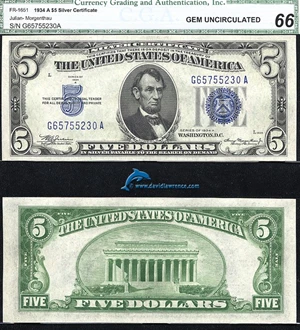 image for: Fr.1651 1934-A $ 5 CGA Gem CU 66