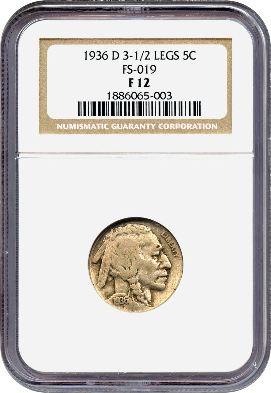 image for: 1936-D 5c NGC F12 (3 1/2 Legs, FS-019)