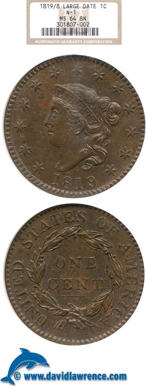 image for: 1819/8 1c Large Date NGC MS64 BN (N-1)