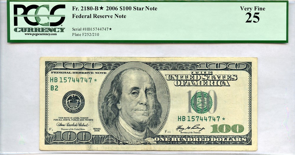 image for: FR. 2180-B*  2006 $100 Star Note PCGS Very Fine 25