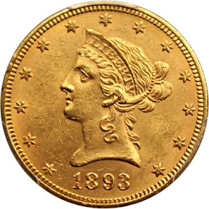 image for: 1893 $10 PCGS UNC Detail (Cleaned)