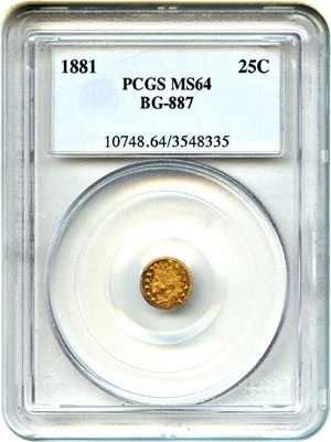 image for: 1881 Cal. Gold 25c PCGS MS64 (BG-887)