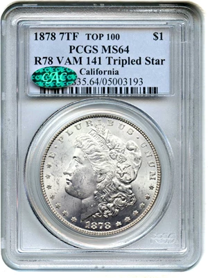 image for: 1878 7TF $1 PCGS/CAC MS64 (Reverse of 1878, VAM-141 Tripled Star)