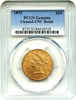 image for: 1893 $10 PCGS UNC Detail (Cleaned)