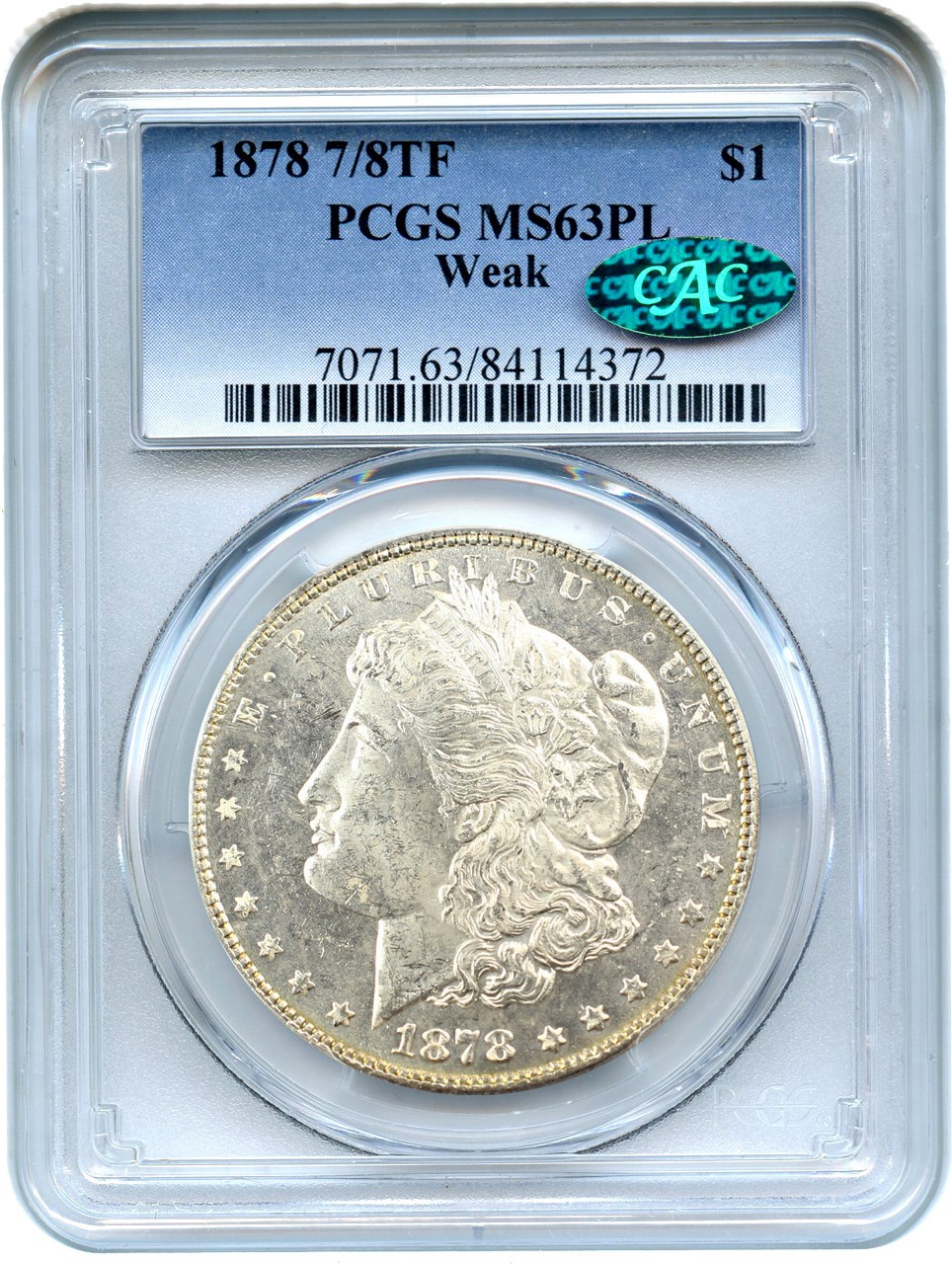 image for: 1878 7/8TF $1 PCGS/CAC MS63 PL (Weak)
