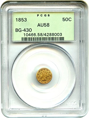 image for: 1853 Cal. Gold 50c PCGS AU58 (BG-430, OGH)