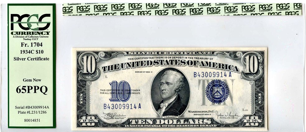 image for: FR. 1704 1934C $10 Silver Cert PCGS Gem New 65 PPQ