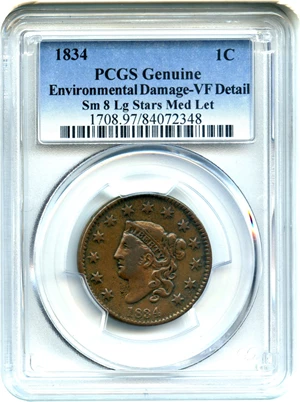 image for: 1834 1c PCGS VF Details (Environmental Damage, Small 8, Large Stars, Medium Letters)