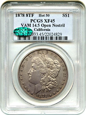 image for: 1878 8TF $1 PCGS/CAC XF45 (VAM-14.5, Open Nostril)