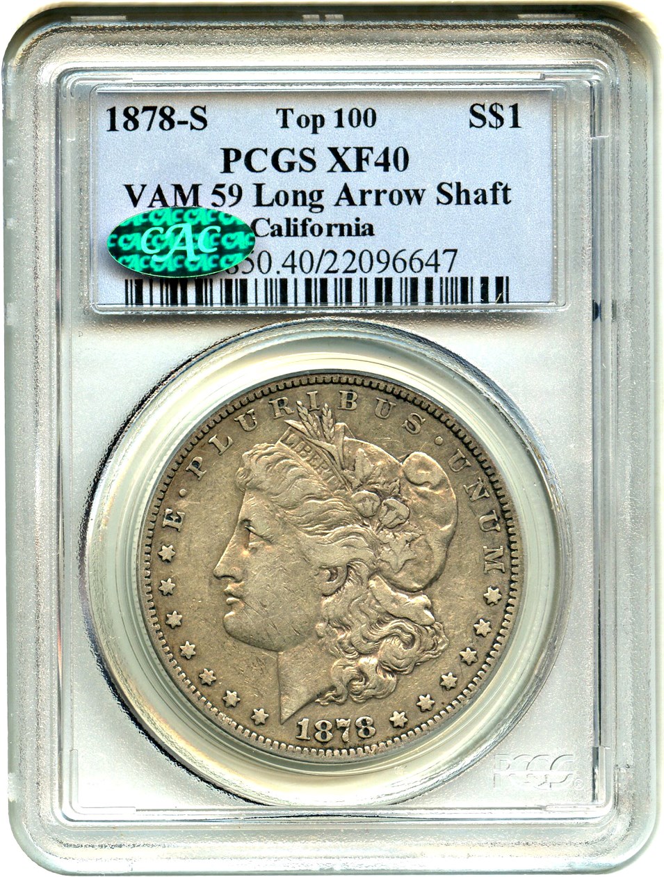 image for: 1878-S $1 PCGS/CAC XF40 (VAM-59, Long Arrow Shaft)