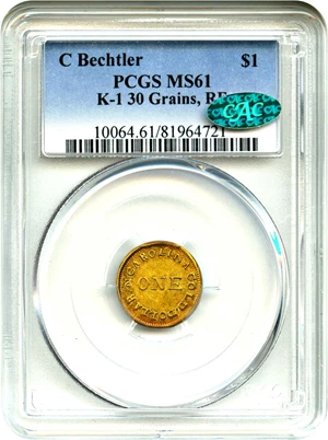 image for: C.Bechtler G$1 PCGS/CAC MS61 (30GR)
