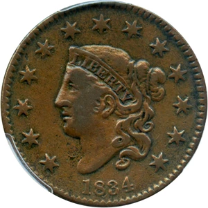 image for: 1834 1c PCGS VF Details (Environmental Damage, Small 8, Large Stars, Medium Letters)