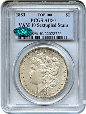 image for: 1883 $1 PCGS/CAC AU50 (VAM-10, Sextupled Stars)