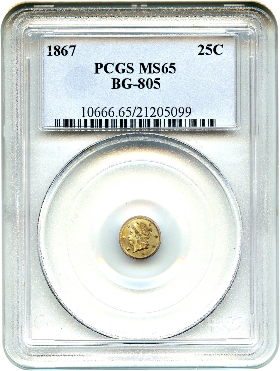 image for: 1867 Cal. Gold 25c PCGS MS65 (BG-805)