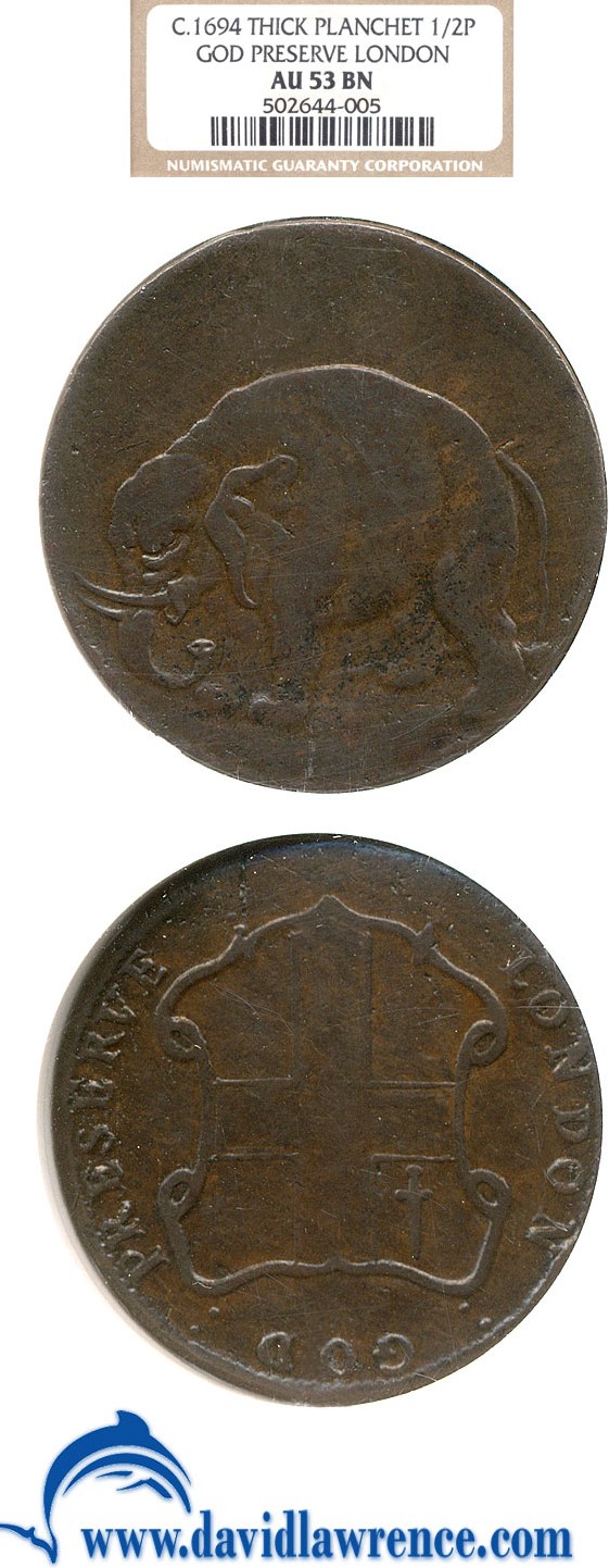 image for: 1694 London Elephant Token 1/2P Thick Planchet, God Preserve NGC AU53