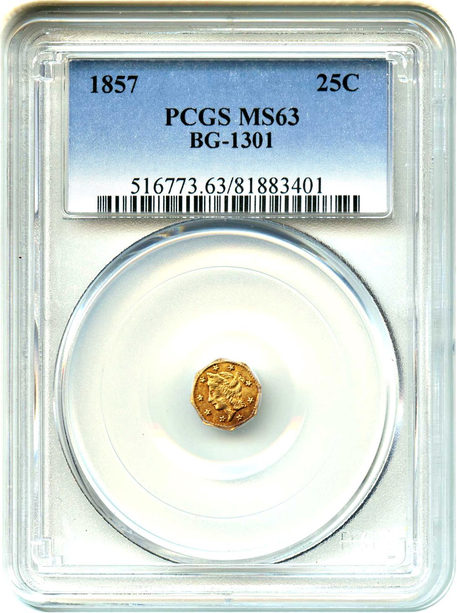 image for: 1857 Cal. Gold 25c PCGS MS63 (BG-1301)