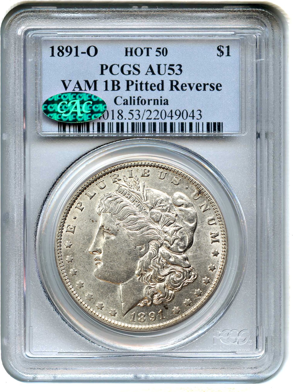 image for: 1891-O $1 PCGS/CAC AU53 (VAM-1B, Pitted Reverse)